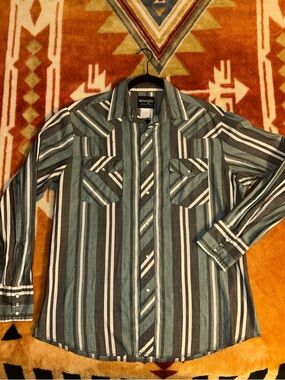 Vintage Wrangler Striped Western Shirt in Teal, Gray & White